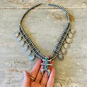 Buffalo Dancer 1920s - 1940s Liberty Dime & Turquoise Coin Squash Blossom Necklace