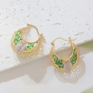 14K Gold Plated Our Lady of Guadalupe Hoop Earrings, Tri Tone Virgin Mary with Green Enamel Filigree, Boho Religious Basket Hoop Earrings for Women, Good Luck Protection Jewelry