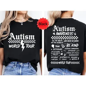 100% Cotton Autism Awareness World Tour Graphic Short Sleeve Unisex Tee, Women's Men's T-Shirt For Autism Support And Kindness Awareness Events And Daily Wear, Comfortable And Breathable Fabric