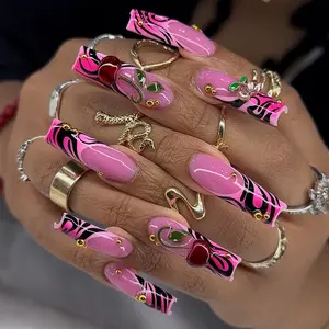 Luxury Cherry Press On Nails – Long Square Pink Acrylic Fake Nails with 3D Fruit Art, Black Swirl Design & Gold Stud Details, Handmade Reusable Full Cover Nails