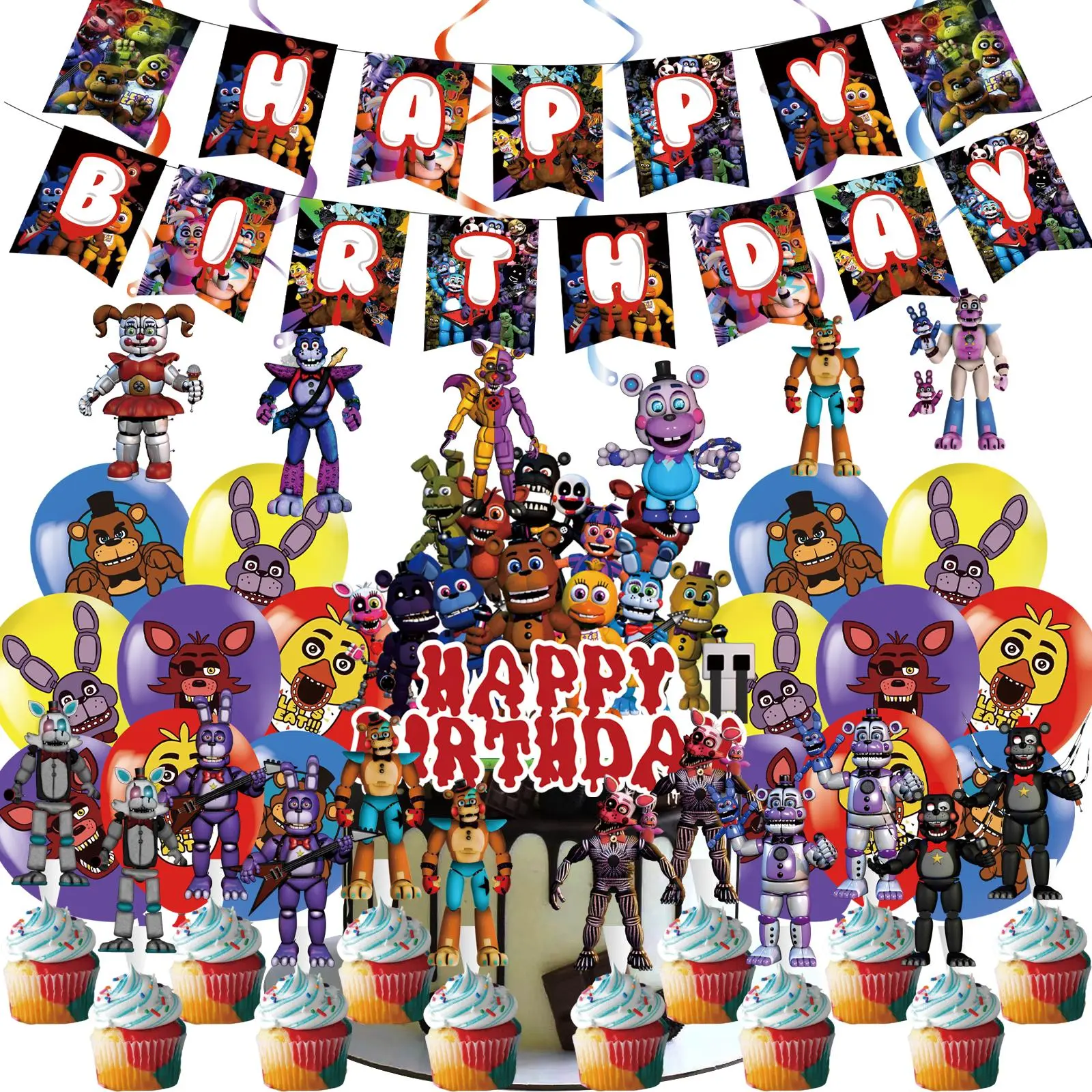 FNAF Toys Bear's Five Nights After Palace Birthday Decoration Full Set Horror Cute Doll Pull Flag + Balloon + Cake Topper Party Supplies