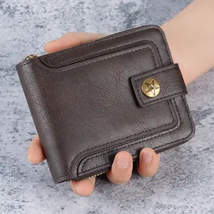 Retro Men's Horizontal Short Wallet, Three-Fold Snap Button Multi-Card Holder with Zipper Coin Pocket