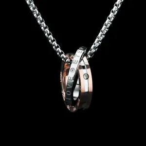 Inlaid Stone Round Rhinestone Double Circle Necklace Titanium Steel Pendant Stainless Steel Fashion Versatile Couple Necklace