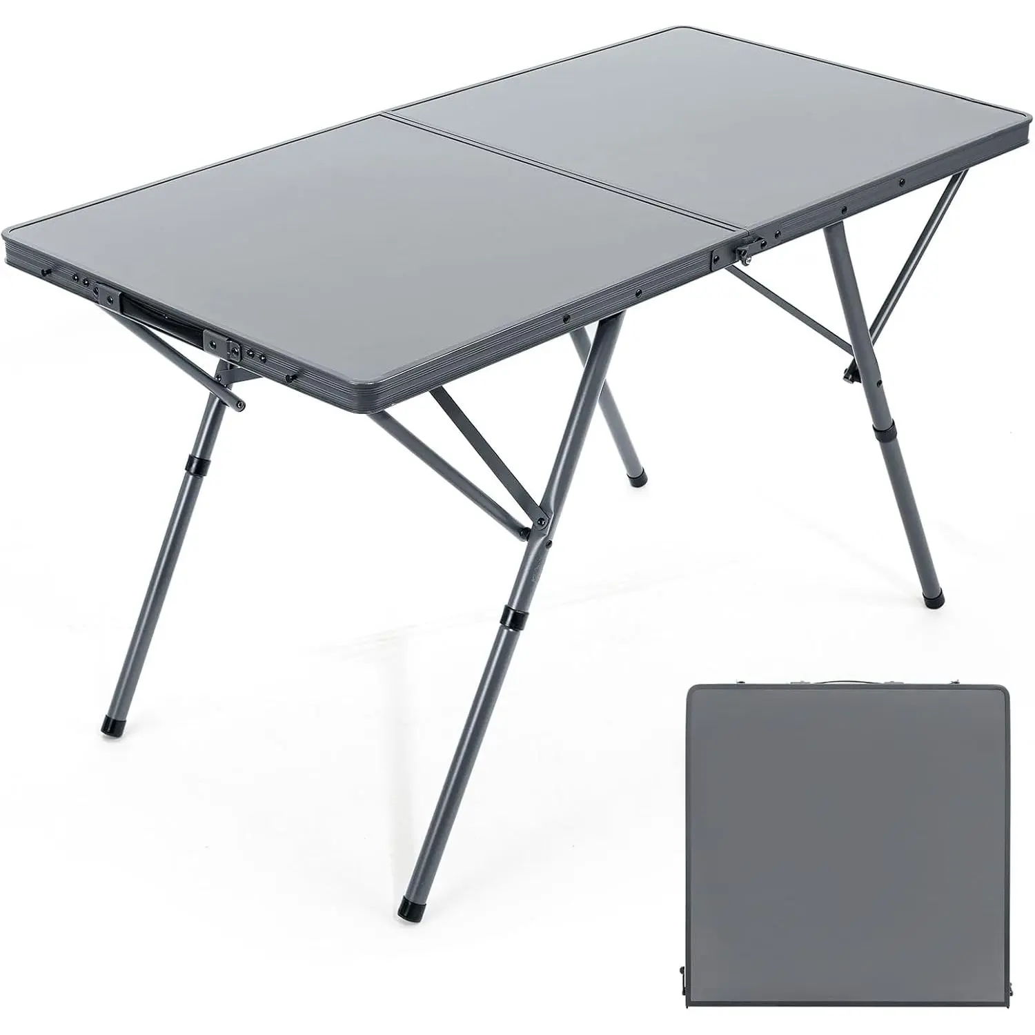 Gray Portable Folding Aluminum Outdoor Table - Large 4-6 Person Capacity, Carrying Handle, 130LBS Load Support, Ideal for BBQ, Camping, Indoor Use, Aluminium