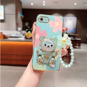16E Fashion Series Fashion Strap Lanyard Phone Holder Case For Compatible With iPhone 16e PC Cover and Shockproof Colorful Bear with Flowers Floral Style Protector Cases Protective Phone Cover