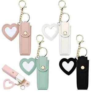 4 PACK PU Leather Chapstick Holder Key Chain with Mirror Lipstick Keychain Lip Balm Organizer Travel Makeup Storage Case for Women Girls