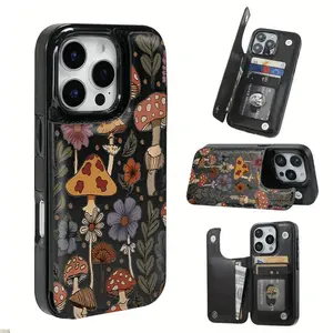 Creative, fashionable, and unique forest flower and mushroom themed anti-drop leather card holder phone case,for iPhone 17 Pro Max Phone Case 17 Air 16 15 Plus 14 13 12 , Samsung Galaxy S25 ULTRA FE Plus S22 S23 FE S24 Plus