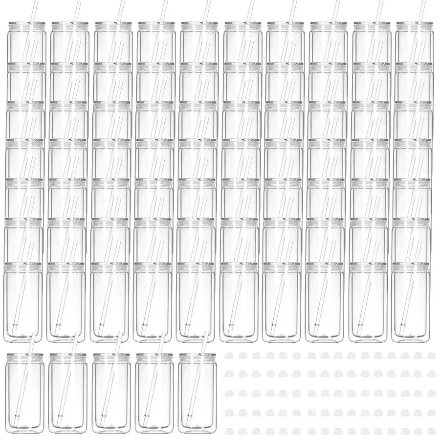 75pcs 16oz Plastic Acrylic Snow Globe Tumblers - Double Wall Pre-Drilled Kitchenware Drinkware with Lid, Straw, Silicone Pour Feature for DIY Gifts, UV DTF Transfers, Portable Unisex Adults Cups, Bottles, 75Pcs (Mixed Colors)