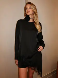 Women's Spring Summer Black Asymmetric Lace Satin Shirt Long Sleeves, Loose Lace Trim Women's Top for Daily Looks, causal Outfits, Casual Classy Top