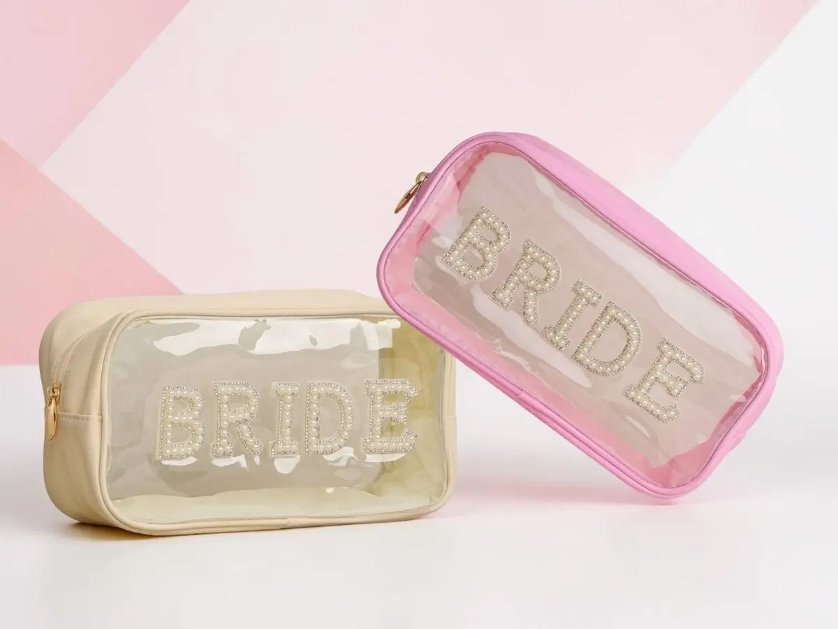 Pearl-Embellished "Bride" Clear Travel Pouch – Waterproof Bachelorette & Honeymoon Glam