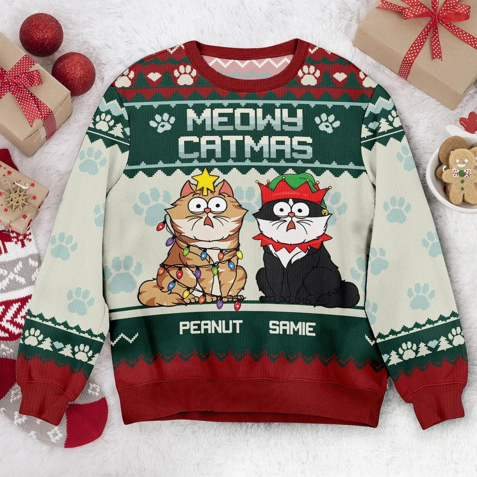 Personalized Cat Meowy Catmas Ugly Christmas Sweater  Retro Trendy Ugly Sweater, Sweater Lover Gift For Dad Gift For Mom Outfit For Family Holiday