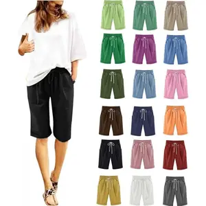 ShortsforWomenSummerCasualLinenPantsKneeLengthBermudaShortElasticWaistDrawstringPocketCapris