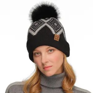 C.C Luxe Diamond Geometric Pattern Pom Beanie for Women – Chic and Modern Design with Cozy Knit for Effortless Winter Elegance