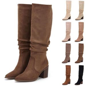 Piepiebuy Womens Pointed Toe Knee High Boots Mid Chunky Heel Faux Suede Side Zipper Riding Booties