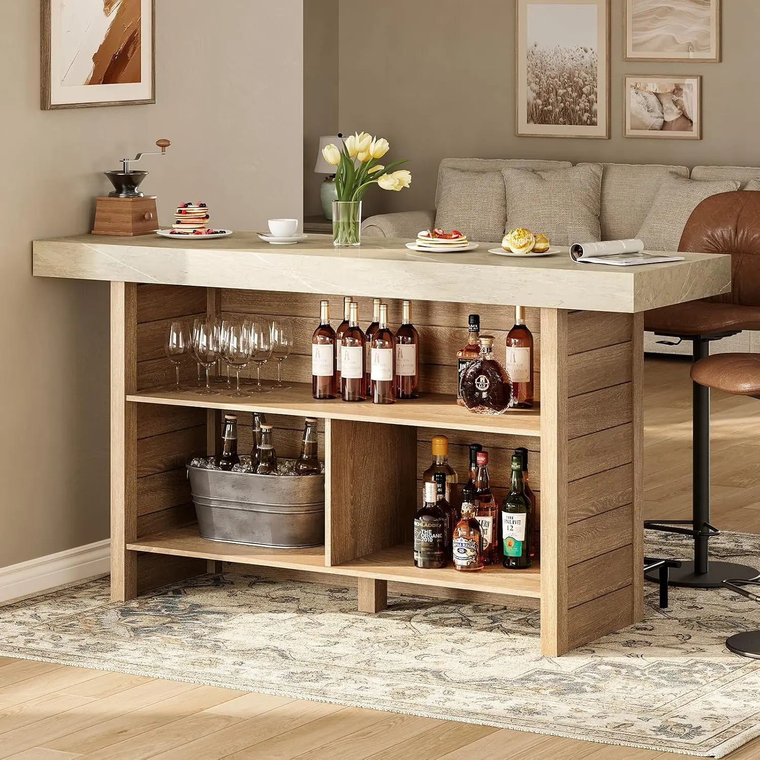 PIXOURA 62.2 in Rectangular Bar Table with Storage High Top Table with 3 Compartments and Metal Footrest for Kitchen Dining Room and Home Bar
