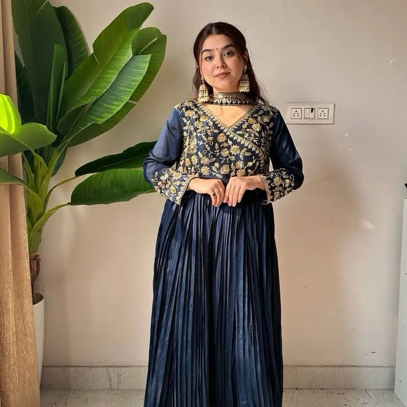 Women's Blue Anarkali Embroidery Next Suit with Elegant Pleated Skirt and Gold Accents