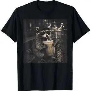 Women's funny animal wearing human accessories drinking iced coffee Graphic T-Shirt - Short Sleeve Crew Neck Regular Fit Casual Wear | Soft & Breathable Fabric, Durable Print, Everyday Comfort, Machine Washable