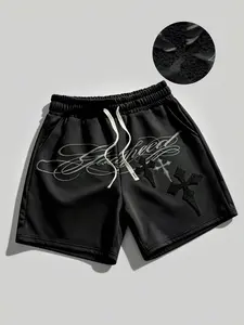 God speed slogan grass shorts unisex, towel embroidered cross shorts Gothic style, loose fit shorts men's casual black shorts party nightclub 2026 new shorts European and American street fashion trendy brand casual shorts Y2K style cross Classic