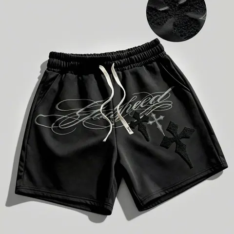 Godspeed Cursive Script Slogan Shorts, Towel Embroidery Cross Shorts, Gothic Style, Casual Summer Shorts, Unisex Loose Fit Baggy Oversize, Casual Black Shorts, Party Nightclub, 2026 New Streetwear, Y2K Trendy Brand Cross Classic Shorts