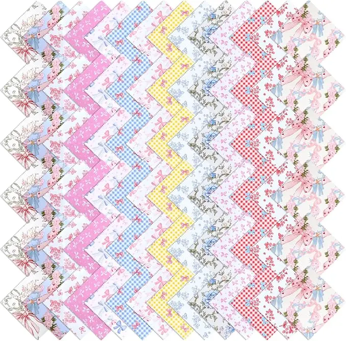 84 Pcs Multicolor Charm Packs for Quiltings, Beautiful Colorful Bow and Flower Pattern, Cotton Quilting Fabric Bundles, 5 x 5-Inch Charm Squares Precut Quilting Fabrics, Cotton Fabric Squares