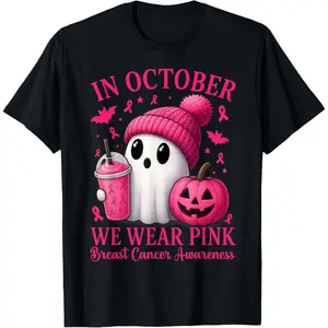 Breast Cancer Halloween Women in October We Wear Pink T-Shirt Round Neck Tshirt