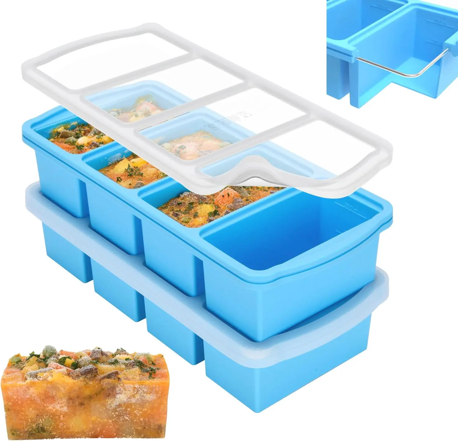 2-Pack Silicone Freezer Trays with Lid,1-cup Soup Freezer Container large Ice Cube Molds with Reinforced Steel Ring Top for freezing Soup Sauce Broth Leftovers oven Dishwasher