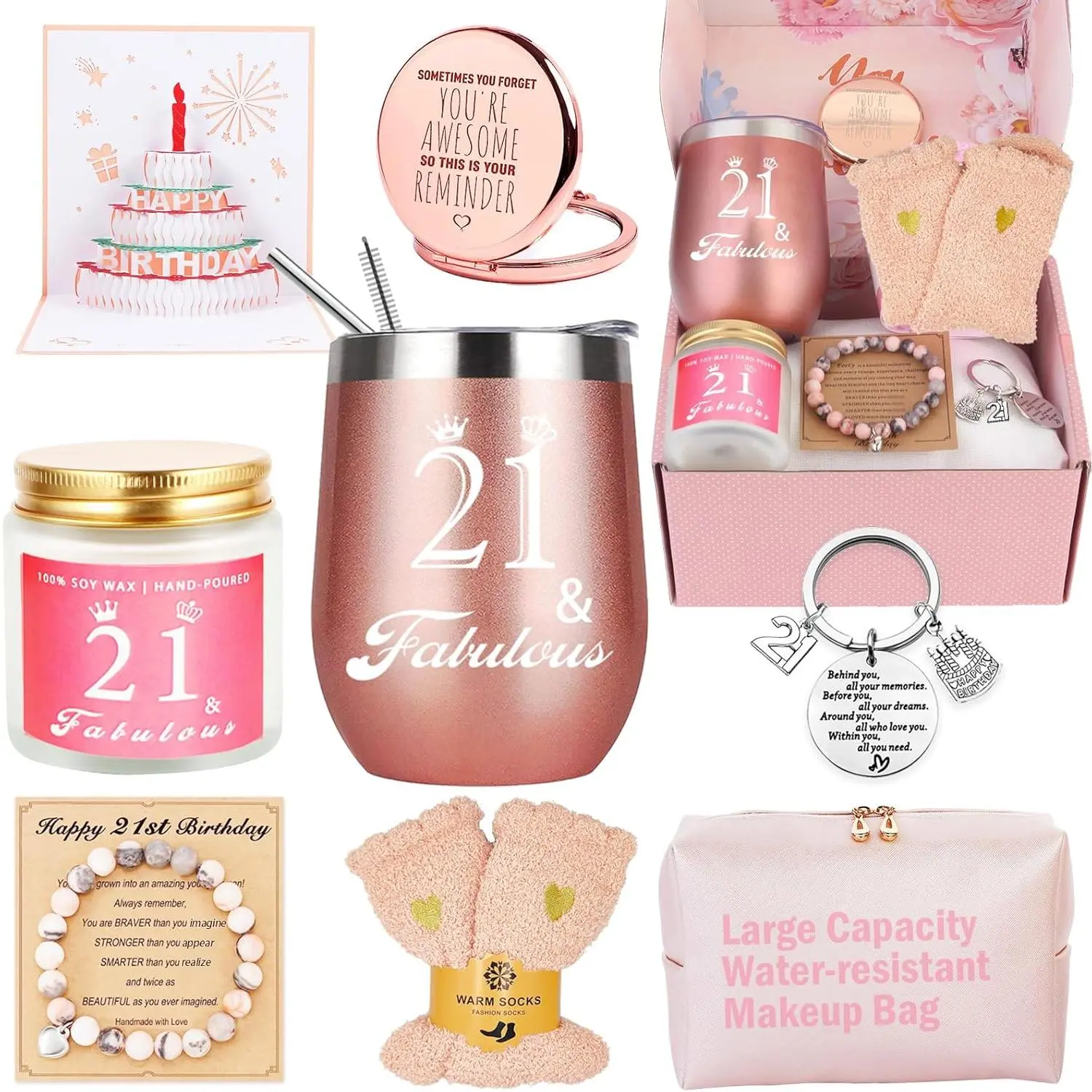 21st Birthday Gift Set for Her - Festive Party Box with 12oz Insulated Cup, Cute Key Chain - Home & Party Supplies Basket for Female Friends, 21St Birthday Gifts, Cute Set