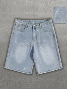 Summer Men's Washed Shiny Rhinestone Jeans Shorts, American Vintage Y2K Basic Denim Jeans, Casual Loose Fit, Trendy Streetwear, Pocket