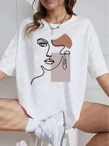Loose Plus Size [Circle]Face Line And Color Block Pattern Print Summer Women's Loose Fit Oversized T-Shirt