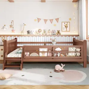 Bellemave  Equipped with storage bookshelf, solid wood floor bed, cute staircase and guardrail, no need for springs