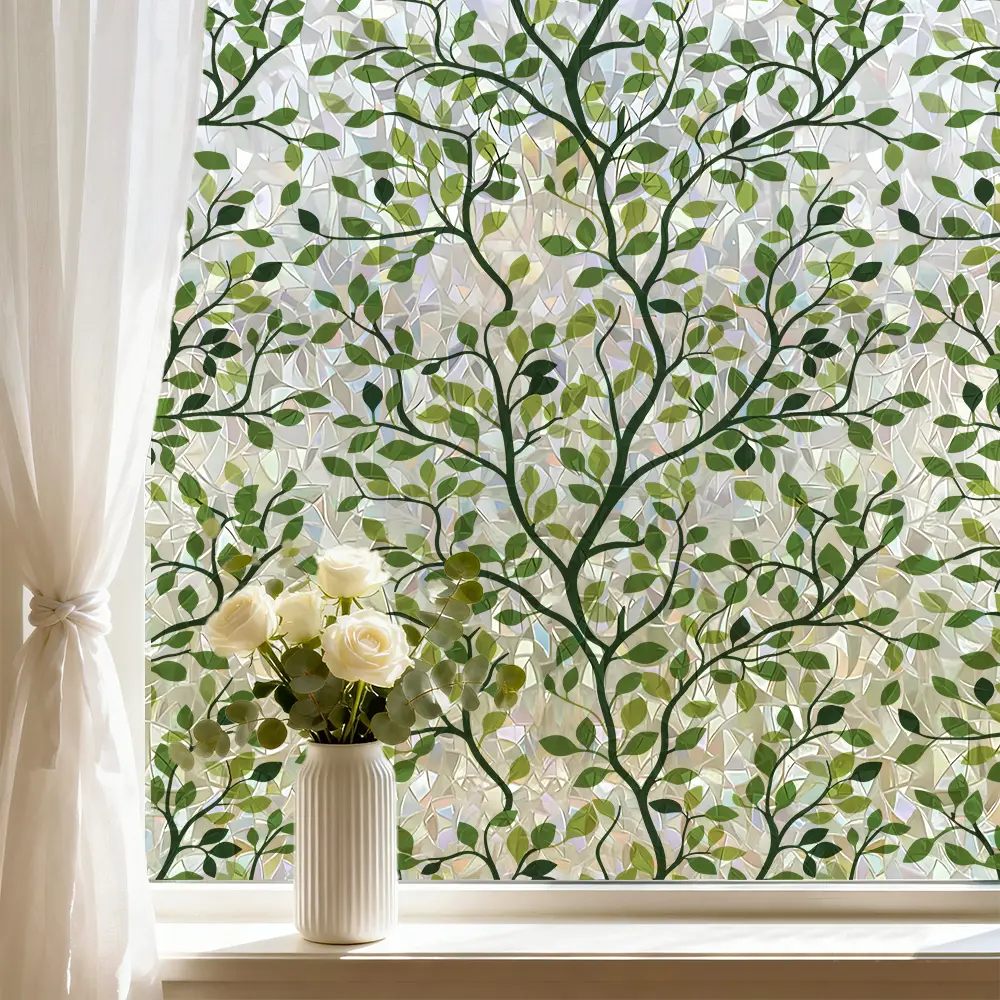 1 roll electrostatic cling floral plant-print colorful window film, decorative floral window decal, privacy window film for home decor and glass decoration, suitable for living room, bedroom and kitchen sliding doors, privacy protection, removable outdoor