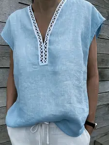Women's Bohemian Style Lace Trim V-Neck Loose Vacation Top, Spring Summer Linen Texture Casual Shirt Blouse, Comfortable and Stylish, Breathable