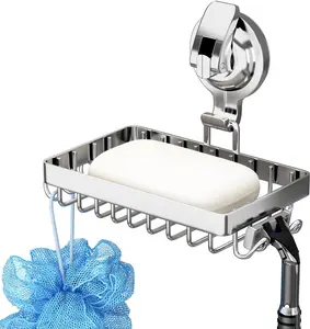 Soap Dish Shower Suction Cup Soap Holder with 4 Hooks 304 Stainless Steel Silver