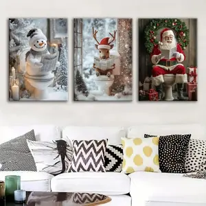3pcs Nordic Country Style Santa Snowman Deer Canvas Art with Wooden Frame, Cute Christmas Decorations for Living Room Home Decoration