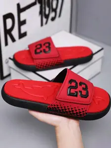 Men's Colorblock Figure Print Slides, Casual Comfortable Breathable Sports Slides, Non-slip Rubber Beach Slippers for Indoor & Outdoor Wear