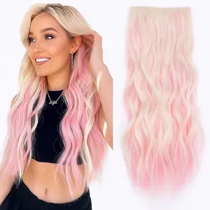 SummerVibes AISI HAIR 20 Inch 4PCS Clip in Long Wavy Synthetic Hair Extension Thick Hairpieces Fiber Double Weft Hair for Women Glueless Kinky Edges Pink Color
