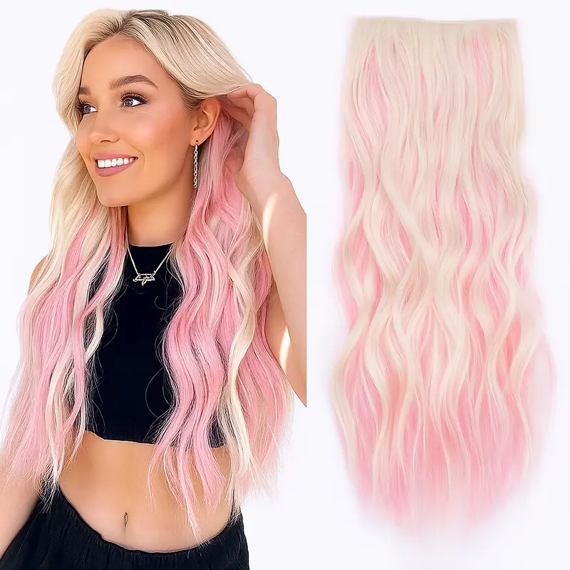 Sohochic AISI HAIR 20-Inch 4PCS Clip-in Heat Friendly Synthetic Extensions Hair, 190g Thick Double Weft Glueless Women's Wavy Hairpieces with Kinky Edges, Bouncy Synthetic Extensions & Pieces
