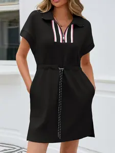 Fisoew Womens Short Sleeve Mini Dress Summer Quarter Zip V Neck Casual Sweatshirt Dresses with Drawstring Waist