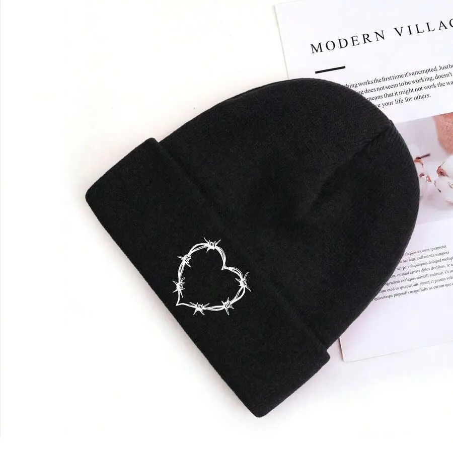 Casual Knit Fitted Cap with Heart Accent - Breathable and Flexible Watch Cap for Outdoor Sports & Travel, Acrylic, Commute, Unisex Size, Beanie, Hand Wash Only, One Size Fits Most
