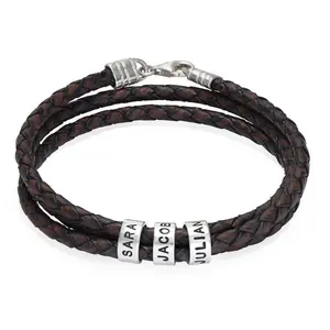 Customized 2-15 Names Beads Bracelets for Men Personalized Brown Braided Rope Leather Bracelet Male Jewelry Gift for Grandfather