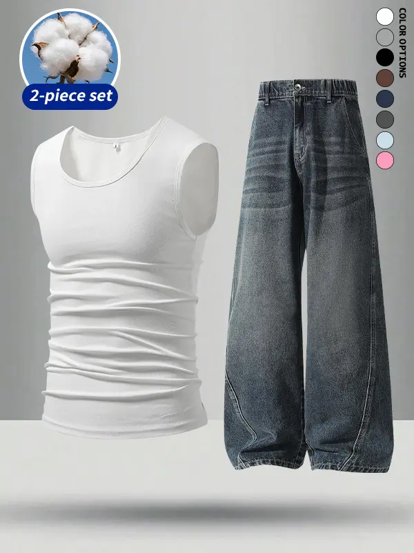Men’s 2-piece set featuring a tank top and jeans for summer—loose, casual, and versatile; cool, breathable fabric that feels comfortable to wear.