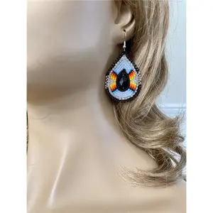 NATIVE STYLE ETHNIC BEADED HANDMADE BLACK GRAY TEARDROP FASHION HOOK EARRINGS