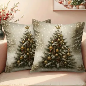 JIT2pcs Christmas Tree Decorative Pillow Cover, Snowflake Design, 16.0/17.72 inch, One-Sided Print, Zip Closure, Machine Washable Polyester - Ideal for Sofas, Beds, And Festive Home Decor (Not Filled), Christmas Pillow Cover, Bed Decor