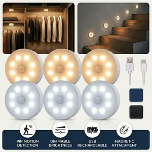【Newly Upgraded】6pcs Smart Motion Sensor Night Light Indoor, 8 LEDs Wireless Sensor Light with Magnetic Base, Type-C USB Rechargeable Automatic Lighting, 3 Lighting Modes & Adjustable Brightness, Auto Under-cabinet Lights, Magnetic Wall Light
