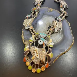 Vintage Native American Silver Bead Multistone Zuni Inlay 5 Owl Necklace