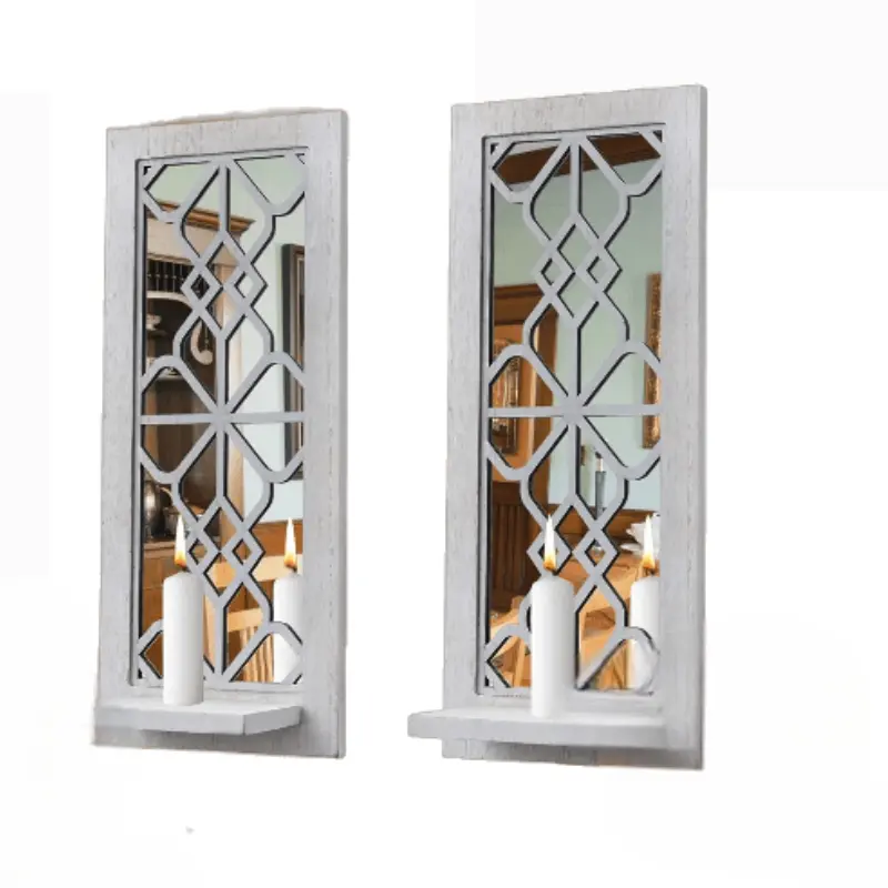 Wood Wall Sconce Candle Holder Set 2, Farmhouse Rustic Wall-Mount Hanging Décor, Carved Frame (Distressed White)