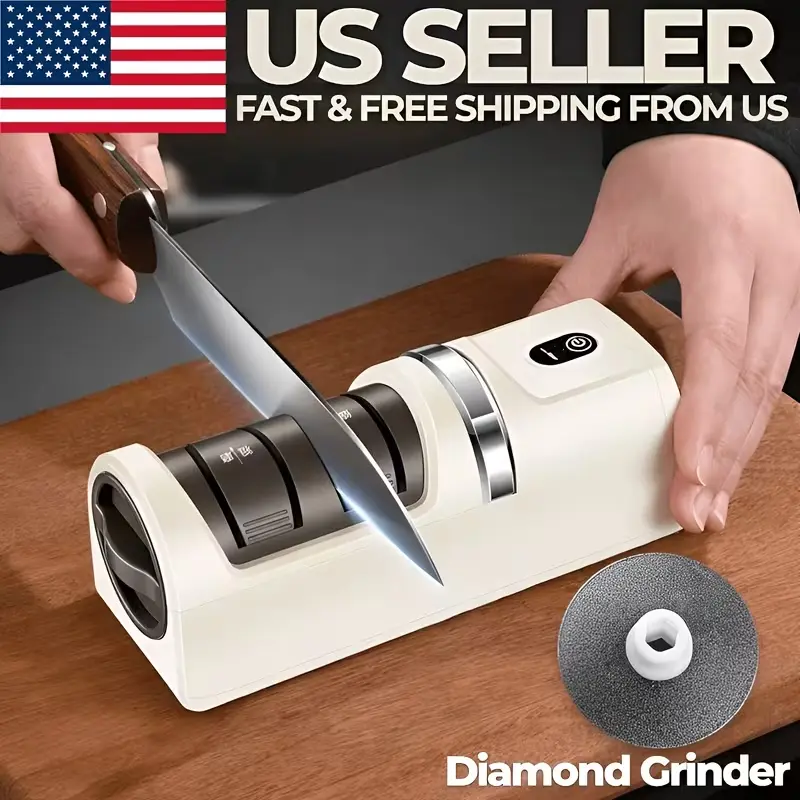 Automatic Kitchen Knife Sharpener, Cordless & Portable | Diamond Grinding Wheel and Strong Suction Base, Compatible with Most Household Knives
