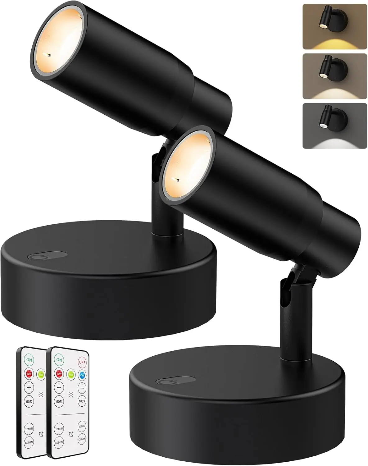 2 Pack Rechargeable Zoomable Indoor Spotlights with Remote, 6000mAh Battery Uplights, 20°-90° Adjustable Beam, 3CCT Dimmable Accent Lights with Timer for Plants, Artwork & Paintings, Black