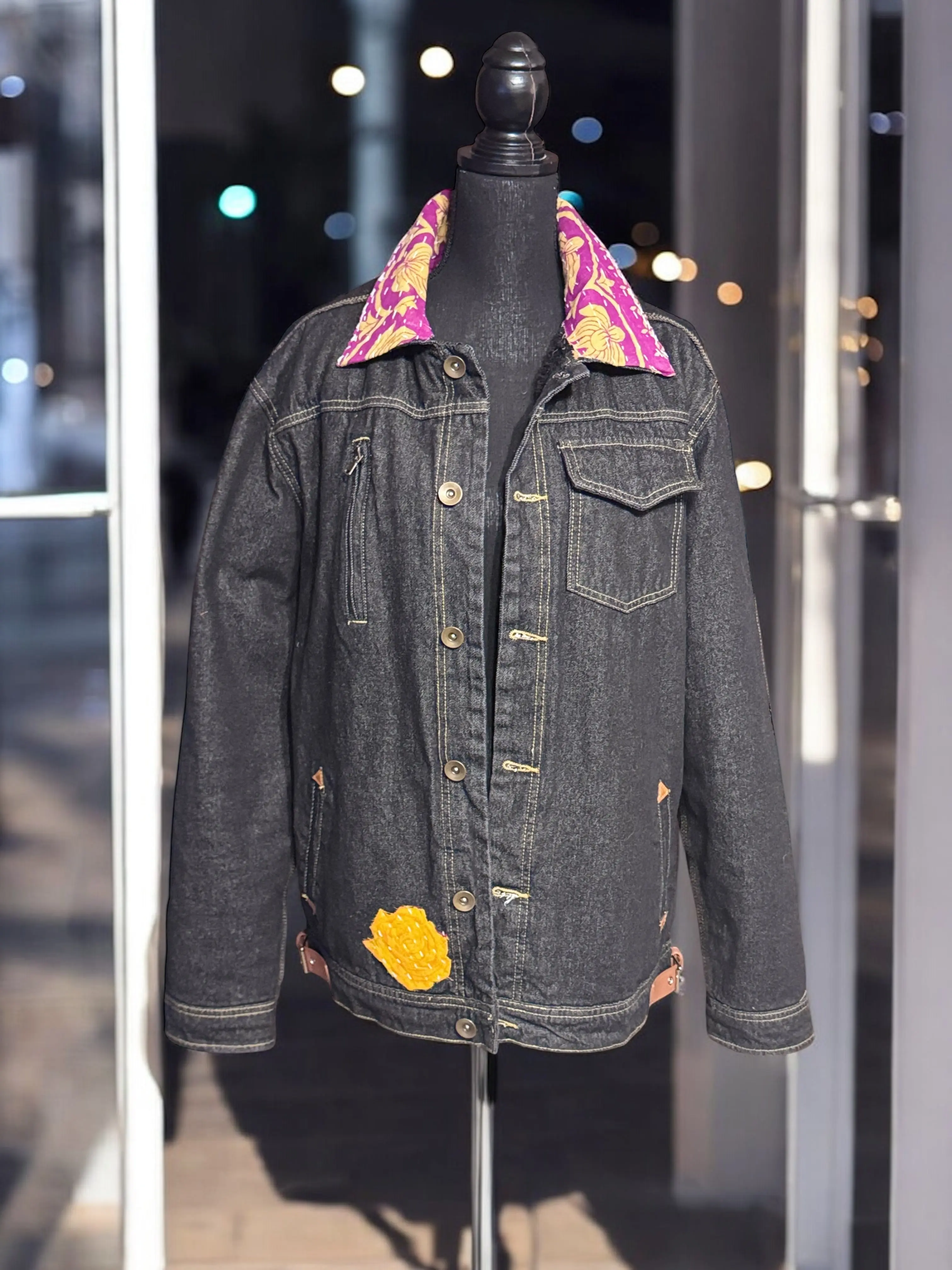 Black Denim Jacket with Monkey Patch