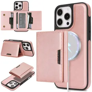 Premium Leather Side Wrap Case for iPhone 17/16 /15/14/13/12 Pro Max with MagSafe Magnetic Detachable Tri-Fold Card Holder |   Large Capacity Card Slot, Wireless Charging Compatible